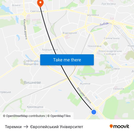 Теремки to Європейський Університет map