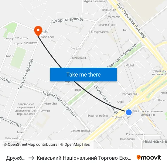 Дружби Народів to Київський Національний Торгово-Економічний Університет (Кнтеу) Корпус ""М"" map