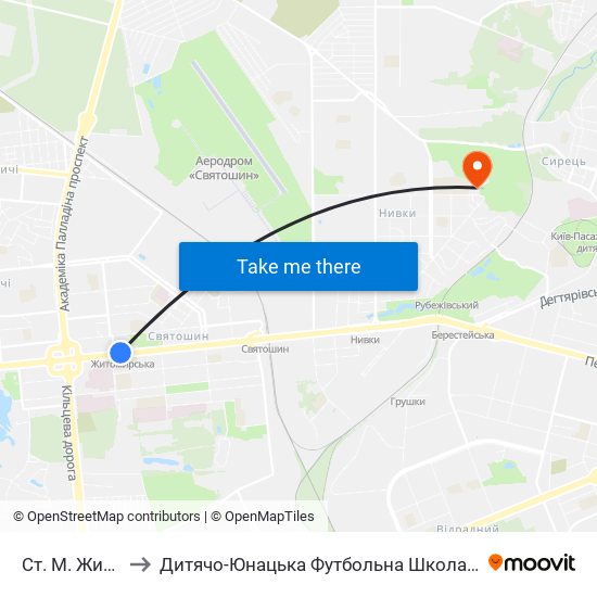 Ст. М. Житомирська to Дитячо-Юнацька Футбольна Школа Імені Валерія Лобановського map