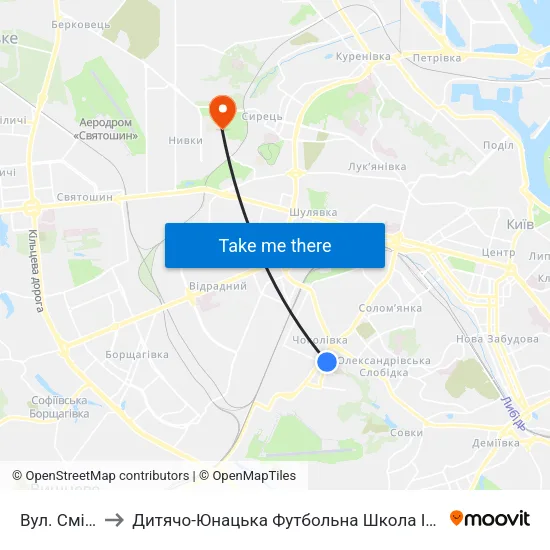 Вул. Смілянська to Дитячо-Юнацька Футбольна Школа Імені Валерія Лобановського map