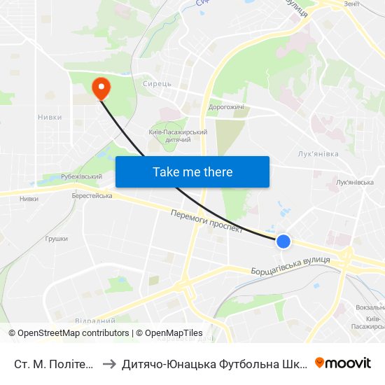 Ст. М. Політехнічний Інститут to Дитячо-Юнацька Футбольна Школа Імені Валерія Лобановського map
