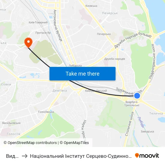 Видубичі to Національний Інститут Серцево-Судинної Хірургії Ім. М. М. Амосова map