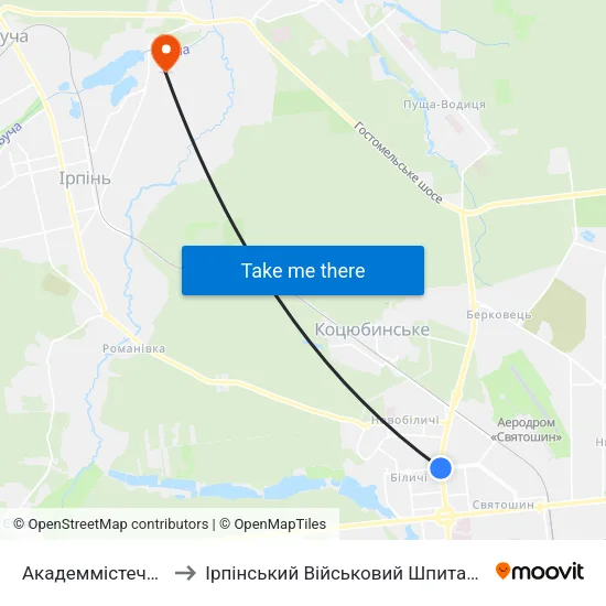 Академмістечко to Ірпінський Військовий Шпиталь map