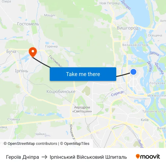 Героїв Дніпра to Ірпінський Військовий Шпиталь map