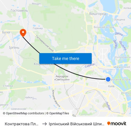 Контрактова Площа to Ірпінський Військовий Шпиталь map