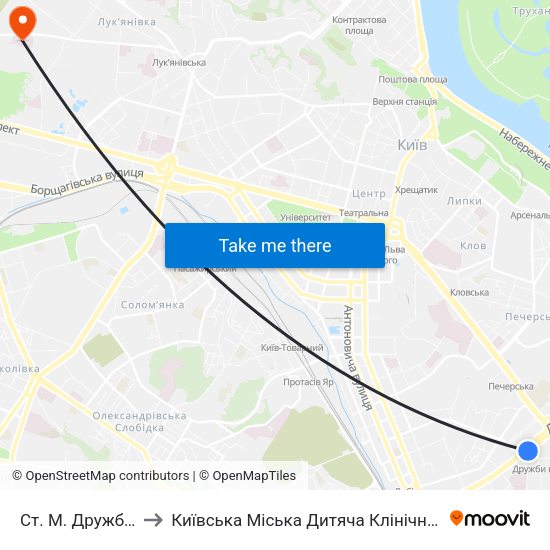 Ст. М. Дружби Народів to Київська Міська Дитяча Клінічна Інфекційна Лікарня map