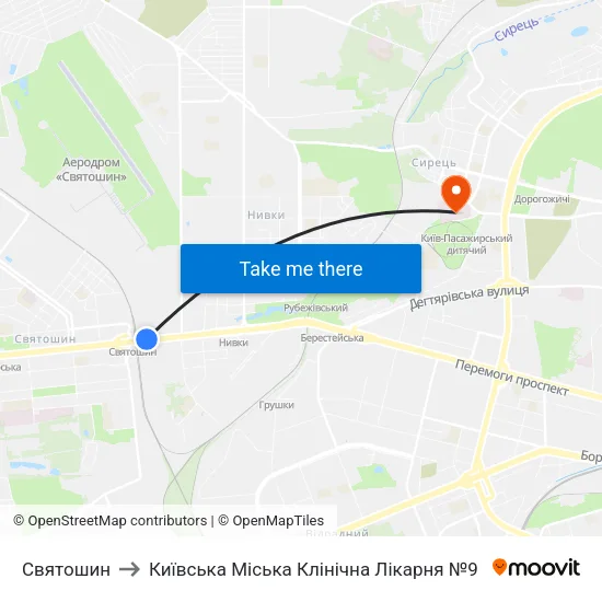 Святошин to Київська Міська Клінічна Лікарня №9 map