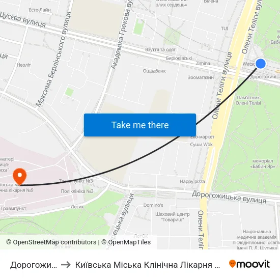 Дорогожичі to Київська Міська Клінічна Лікарня №9 map