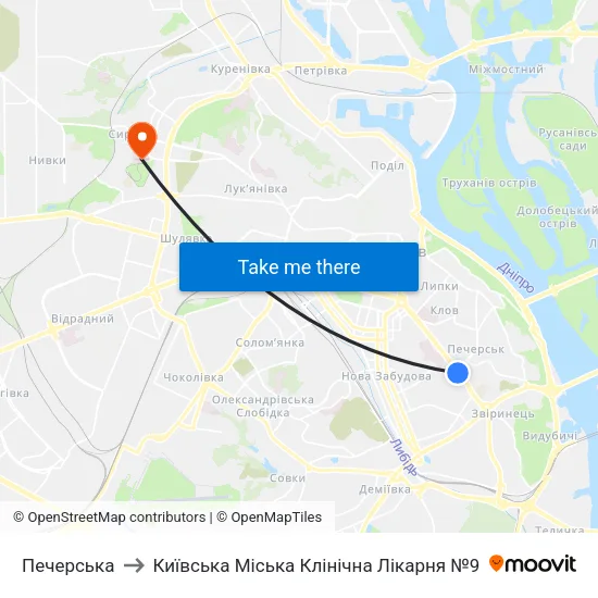 Печерська to Київська Міська Клінічна Лікарня №9 map
