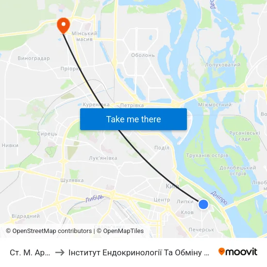 Ст. М. Арсенальна to Інститут Ендокринології Та Обміну Речовин Ім. В.П. Комісаренка map