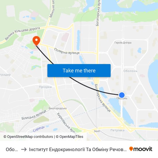 Оболонь to Інститут Ендокринології Та Обміну Речовин Ім. В.П. Комісаренка map
