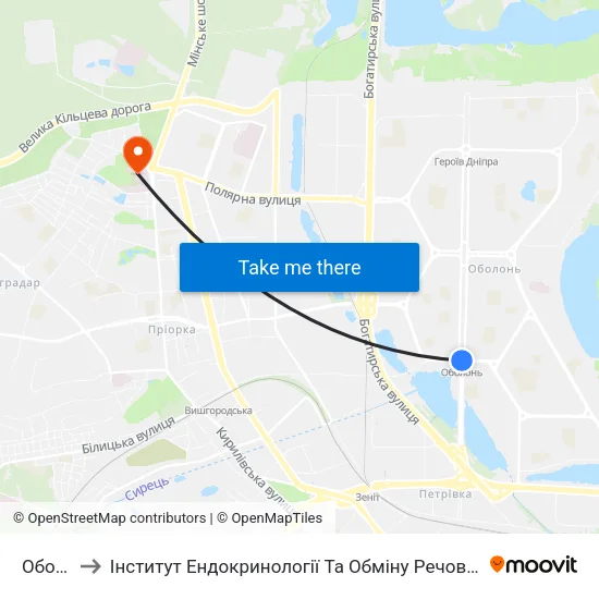 Оболонь to Інститут Ендокринології Та Обміну Речовин Ім. В.П. Комісаренка map