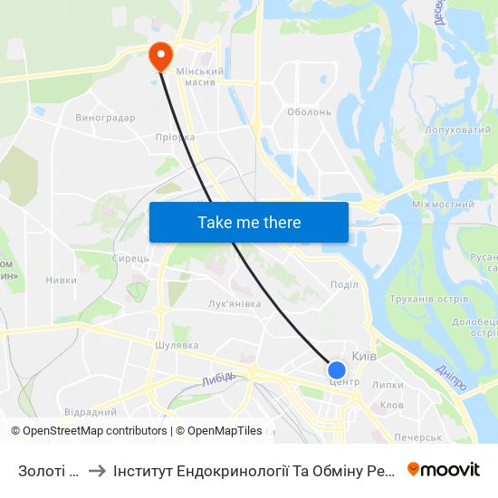 Золоті Ворота to Інститут Ендокринології Та Обміну Речовин Ім. В.П. Комісаренка map
