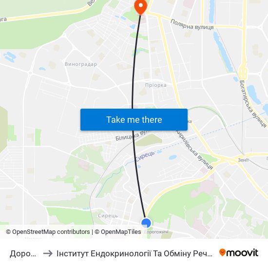 Дорогожичі to Інститут Ендокринології Та Обміну Речовин Ім. В.П. Комісаренка map