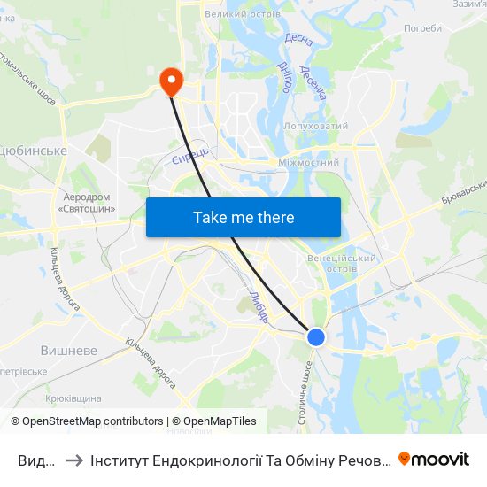 Видубичі to Інститут Ендокринології Та Обміну Речовин Ім. В.П. Комісаренка map