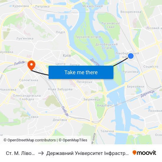 Ст. М. Лівобережна to Державний Університет Інфраструктури Та Технологій map