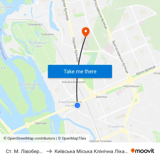 Ст. М. Лівобережна to Київська Міська Клінічна Лікарня №3 map