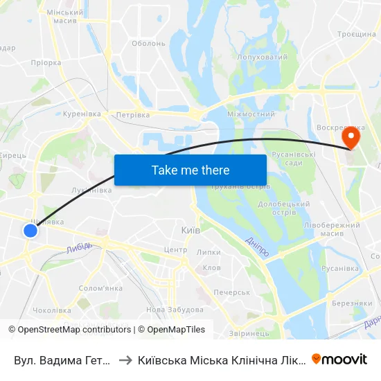 Вул. Вадима Гетьмана to Київська Міська Клінічна Лікарня №3 map
