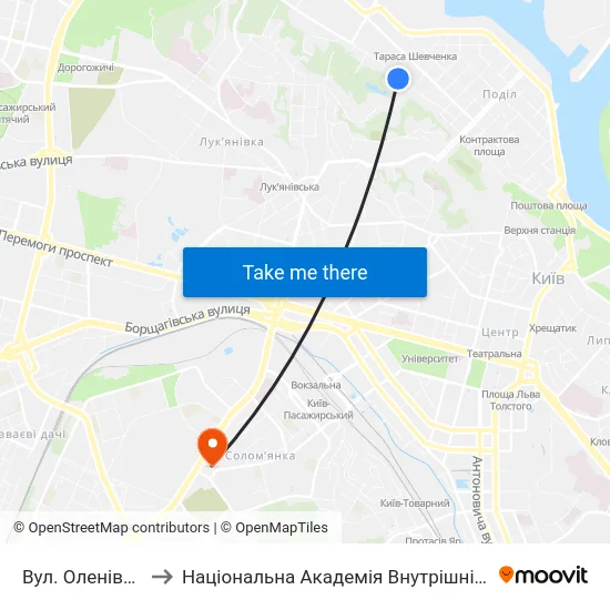 Вул. Оленівська to Національна Академія Внутрішніх Справ map