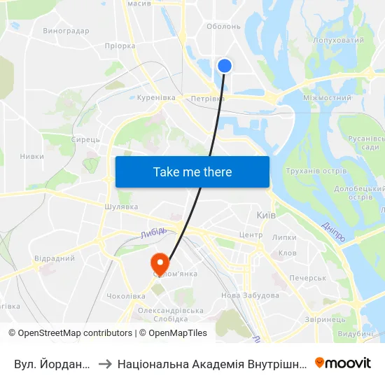 Вул. Йорданська to Національна Академія Внутрішніх Справ map