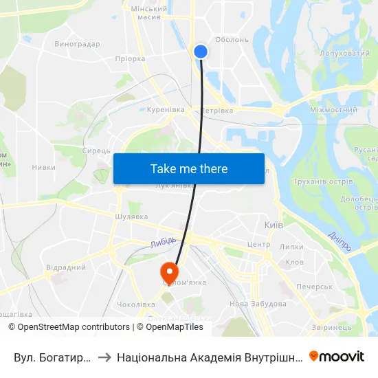 Вул. Богатирська to Національна Академія Внутрішніх Справ map