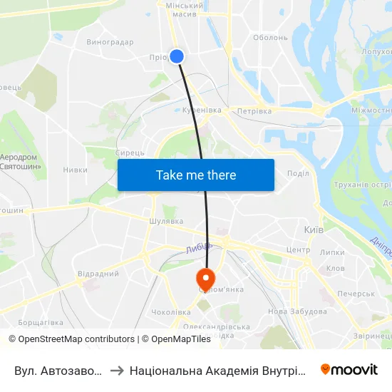 Вул. Автозаводська to Національна Академія Внутрішніх Справ map