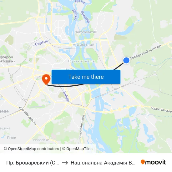 Пр. Броварський (Ст. М. Лісова) to Національна Академія Внутрішніх Справ map