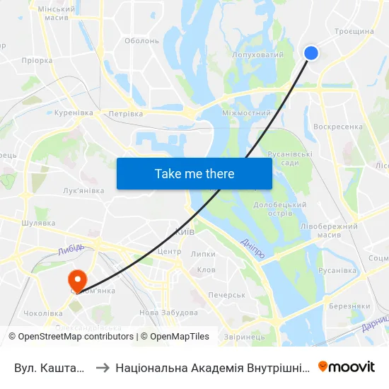 Вул. Каштанова to Національна Академія Внутрішніх Справ map