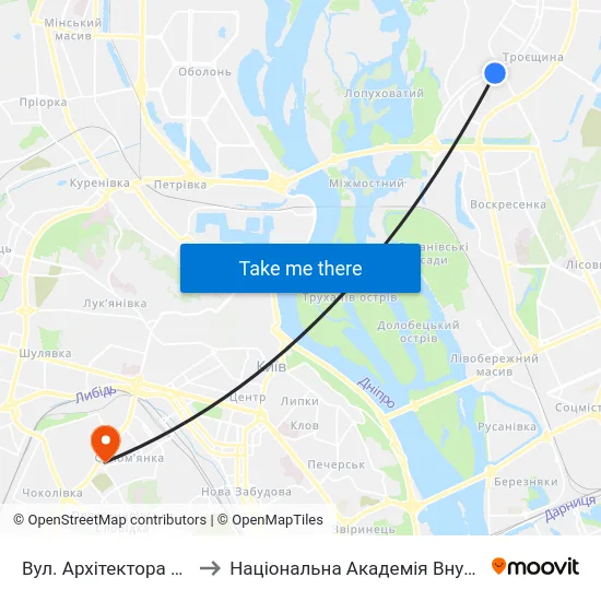 Вул. Архітектора Ніколаєва to Національна Академія Внутрішніх Справ map