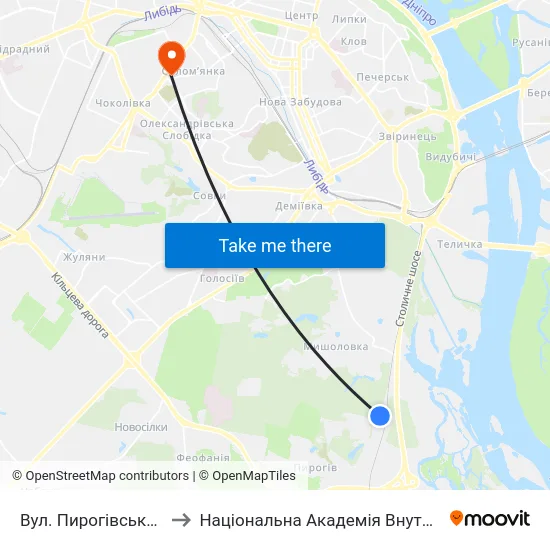 Вул. Пирогівський Шлях to Національна Академія Внутрішніх Справ map