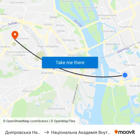 Дніпровська Набережна to Національна Академія Внутрішніх Справ map