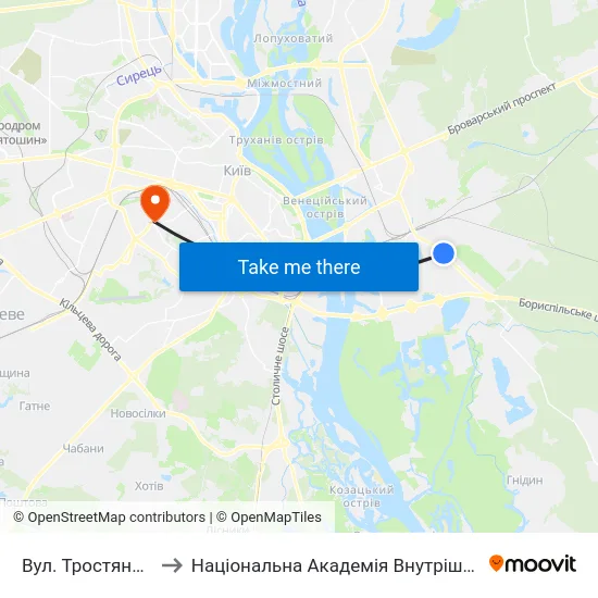 Вул. Тростянецька to Національна Академія Внутрішніх Справ map