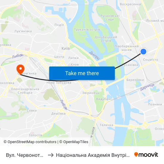 Вул. Червоноткацька to Національна Академія Внутрішніх Справ map