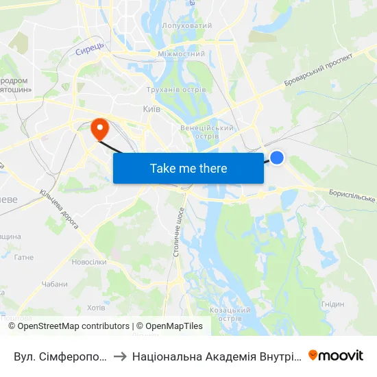 Вул. Сімферопольська to Національна Академія Внутрішніх Справ map