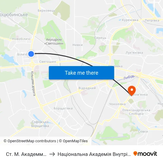Ст. М. Академмістечко to Національна Академія Внутрішніх Справ map