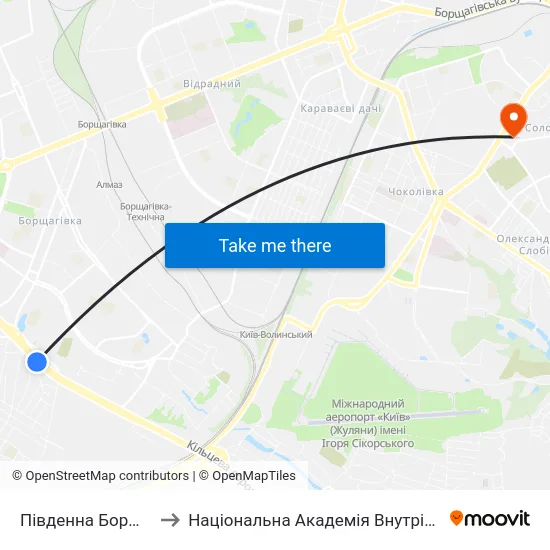 Південна Борщагівка to Національна Академія Внутрішніх Справ map