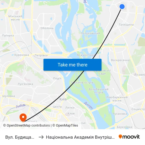 Вул. Будищанська to Національна Академія Внутрішніх Справ map