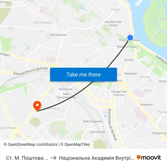 Ст. М. Поштова Площа to Національна Академія Внутрішніх Справ map