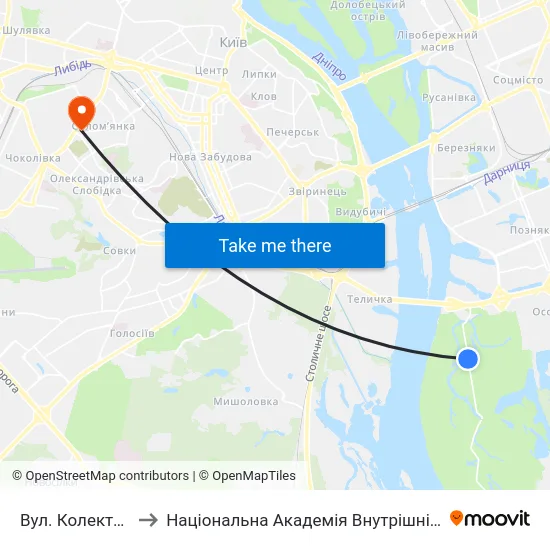Вул. Колекторна to Національна Академія Внутрішніх Справ map