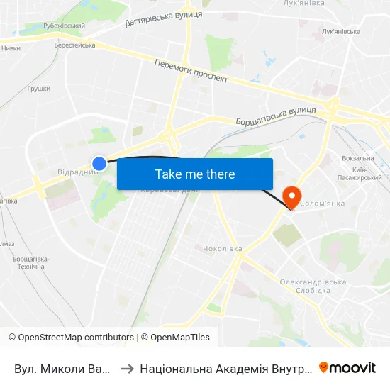 Вул. Миколи Василенка to Національна Академія Внутрішніх Справ map