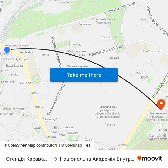 Станція Караваєві Дачі to Національна Академія Внутрішніх Справ map