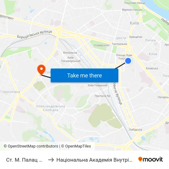 Ст. М. Палац Спорту to Національна Академія Внутрішніх Справ map