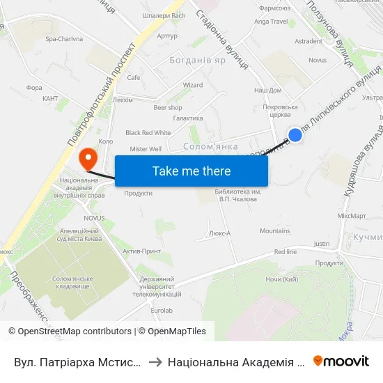 Вул. Патріарха Мстислава Скрипника to Національна Академія Внутрішніх Справ map