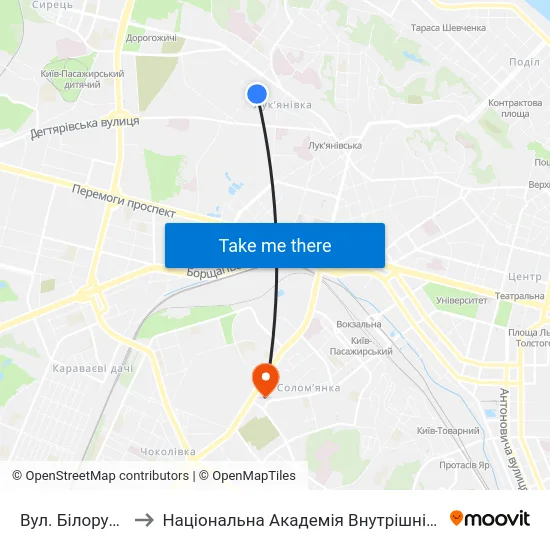 Вул. Білоруська to Національна Академія Внутрішніх Справ map