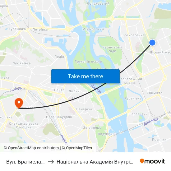 Вул. Братиславська to Національна Академія Внутрішніх Справ map