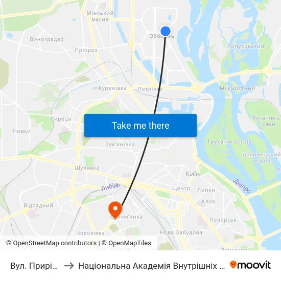 Вул. Прирічна to Національна Академія Внутрішніх Справ map