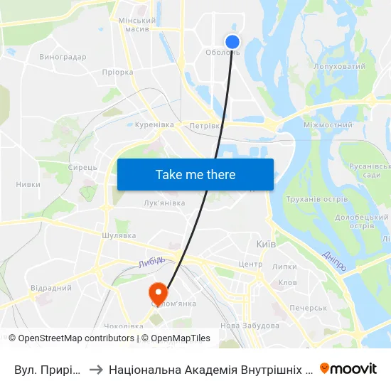 Вул. Прирічна to Національна Академія Внутрішніх Справ map