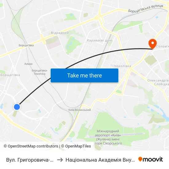Вул. Григоровича-Барського to Національна Академія Внутрішніх Справ map
