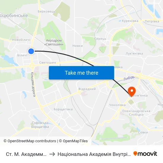 Ст. М. Академмістечко to Національна Академія Внутрішніх Справ map