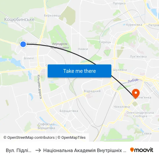 Вул. Підлісна to Національна Академія Внутрішніх Справ map
